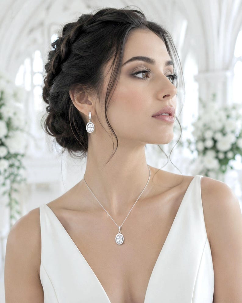 Oval Bridal Jewelry Set, Geometric Earrings with Sterling Silver Bar Posts, Cz Dangle Necklace, Classic Wedding Jewelry, OVALIA image 1