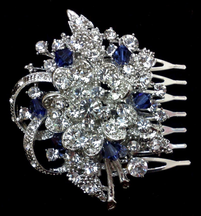 Crystal Bridal Hair Comb, Flower Wedding Headpiece, Bridal Hair Jewelry, Wedding Hair Comb, Something Blue Bridal Headpiece, BOUQUET image 2