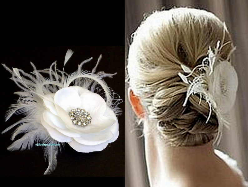 Feather Bridal Fascinator, Wedding Headpiece, Flower Fascinator, Floral Bridal Hair Clip, Bridal Headpiece, RACHEL image 1