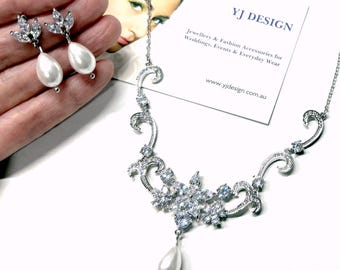 Bridgerton Bridal Jewelry, Glam Statement Victorian Necklace, Pearl Drop Earrings, Vintage Wedding Regency Style Gifts, VIVI