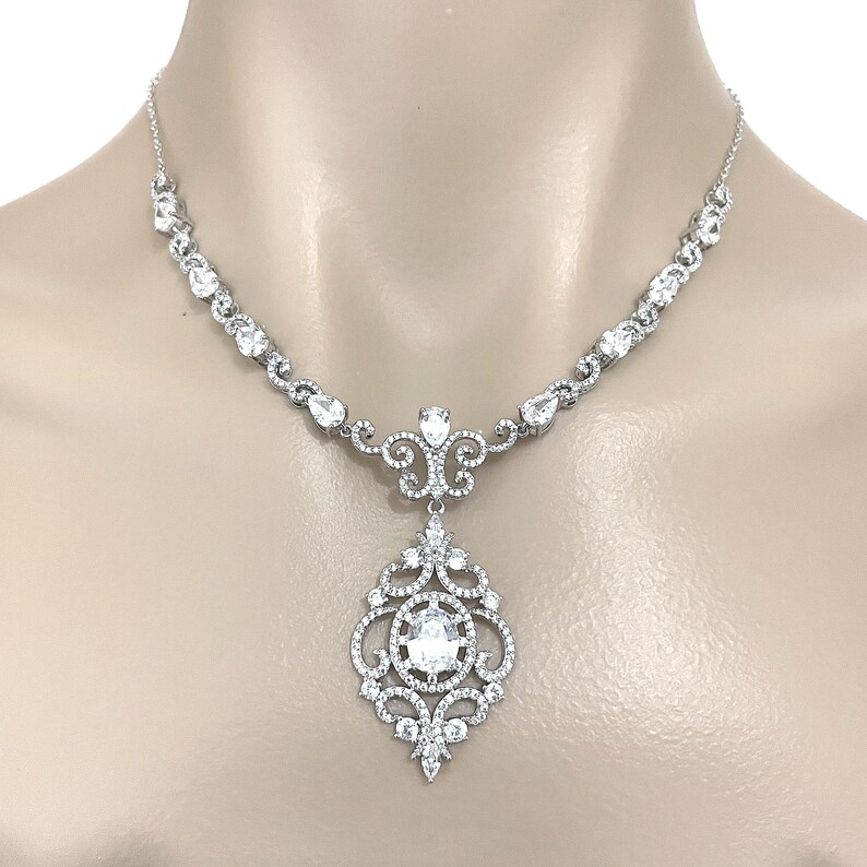Victorian Wedding Necklace, Celebrity Glam Statement Jewelry, Cz Bridal Necklace, Old Hollywood Vintage Style Regency Jewelry, ARYANA image 1