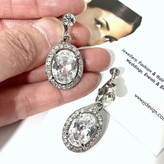 Oval Bridal Earrings, Dangle Clip on Earrings, Cubic Zirconia Cz