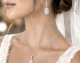 Art Deco Bridal Jewelry Set, 1920s Vintage Style Gatsby Necklace, Geometric Rectangle Cz Earrings, Wedding Gifts for Her, ELITE