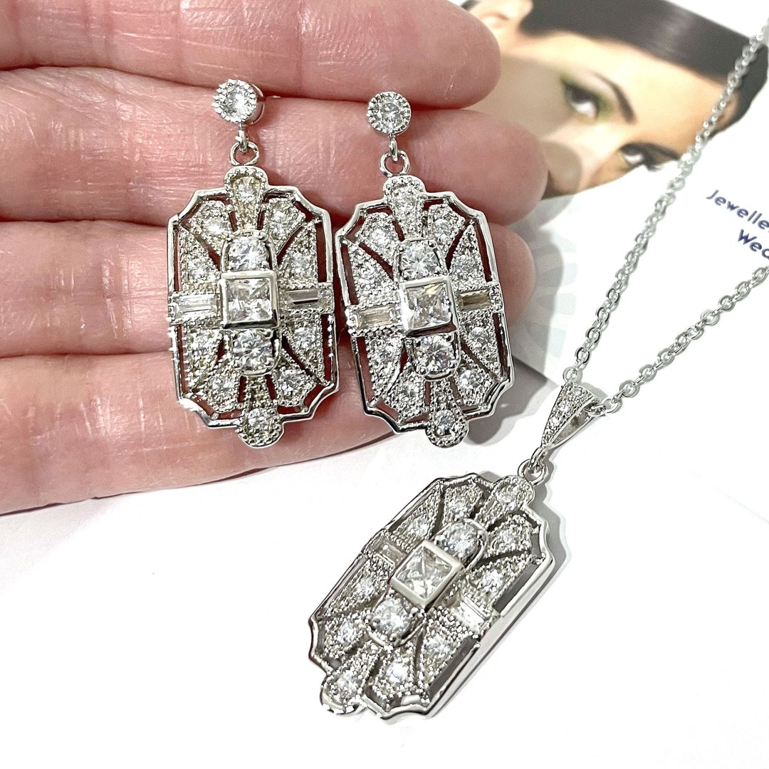 Art Deco Bridal Jewelry Set, Geometric Cz Bridal Earrings, Gatsby