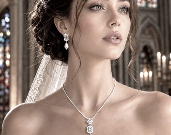 Regency Bridal Jewelry Set, Vintage Style Victorian Wedding Necklace, Pearl Drop Cz Earrings, AVA