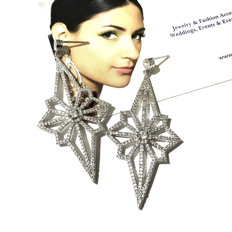 Art Deco Bridal Jewelry Set, Moon Star Earrings, Celestial Glam Statement Cz Necklace, Galaxy Wedding, LUNAR image 4
