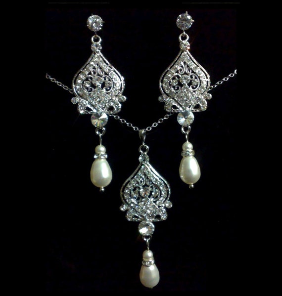 Chandelier Bridal Jewelry, Crystal Bridal Earrings, Teardrop Bridal Necklace, Victorian Wedding Jewelry, Cz Pearl Drop Earrings, ALLY