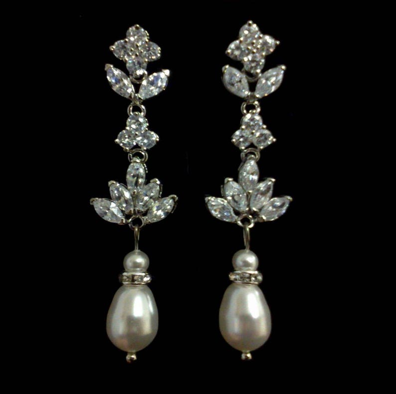 Dangle Wedding Earrings HARMONY Teardrop Wedding Jewelry Pearl Bridal Jewelry Cubic Zirconia Bridal Earrings Cz Drop Bridal Necklace
