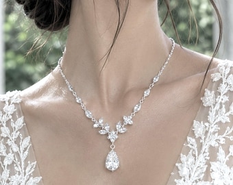 Art Nouveau Bridal Jewelry Set, Teardrop Necklace, Cz Drop Earrings, Vintage Style Wedding, JACINDA