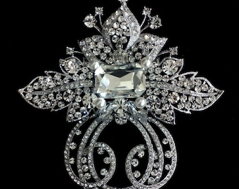 Boho Wedding Brooch Pin, Vintage Style Statement Glam Brooch, Crystal Pearl Brooch, Victorian Bohemian Bridal Dress Accessory, ALEXANDRIA