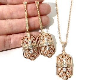 Art Deco Bridal Jewelry Set, Geometric Bridal Earrings, 1920s Vintage Style Gatsby Wedding Necklace, Rectangle Cz Wedding Jewelry, ELITE