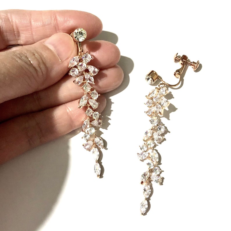 Clip On Cz Bridal Earrings, Silver or Gold Leaf Vines Wedding Earrings, Screw Back Clipon Earrings, Cubic Zirconia Bridal Jewelry, BOTANISTA Rose, clips