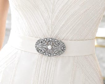 Art Nouveau Crystal Bridal Brooch, Gatsby Wedding Pin, Vintage 1920 Style Art Deco Silver Jewelry, NOUVIA