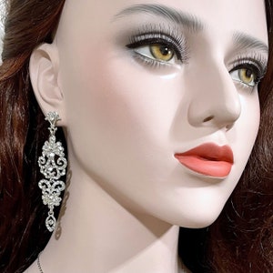 May include: A pair of silver dangle earrings with a crystal design. The earrings are long and feature a teardrop-shaped crystal at the bottom.