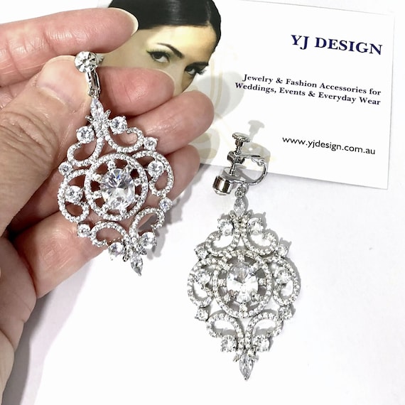 Victorian Wedding Regency Earrings, Clip on Bridal Earrings, Cz