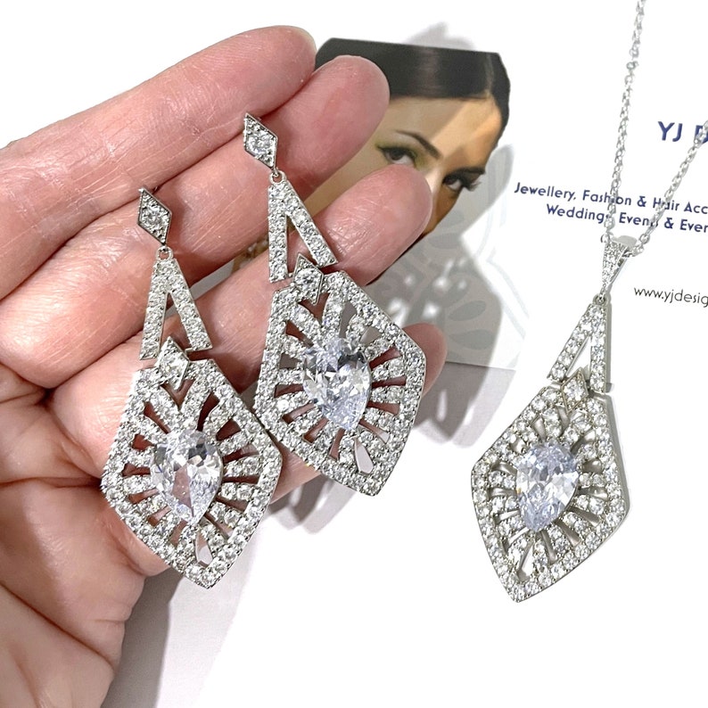 Art Deco Bridal Jewelry, Geometric Cz Earrings, Gatsby Necklace, Downton Abbey Vintage 1920s Flapper Style Wedding Jewelry, TRIANA Earrings n necklace