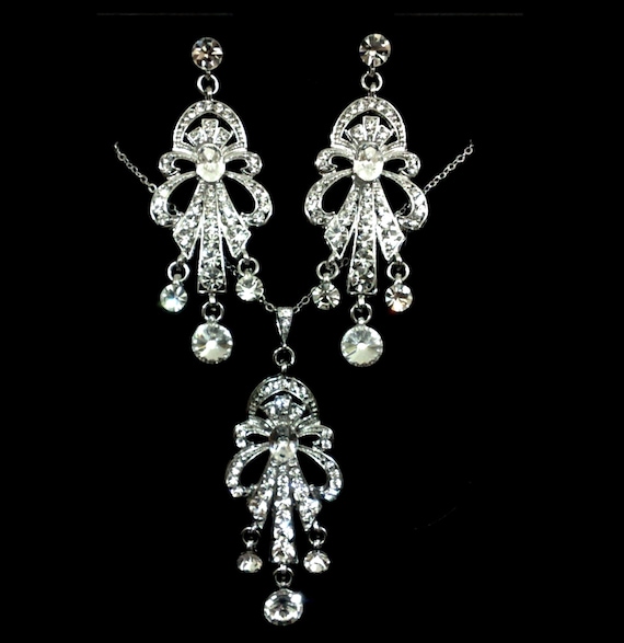 Chandelier Bridal Jewelry Set, Art Deco Wedding Earrings, Clear Crystal Bridal Necklace, Gatsby Wedding Jewelry, Silver Jewelry, CHRYSLER