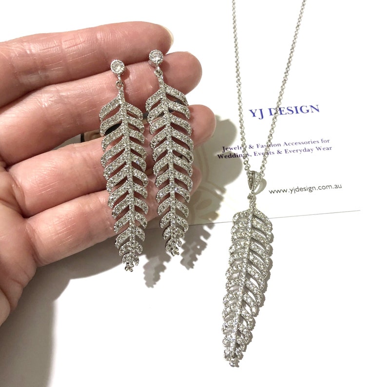 Silver FERN Bridal Jewelry, Leaf Cz Bridal Necklace, Long Dangle Bridal Earrings, Sterling Posts, Art Nouveau Boho Wedding Jewelry Gift Earrings n necklace