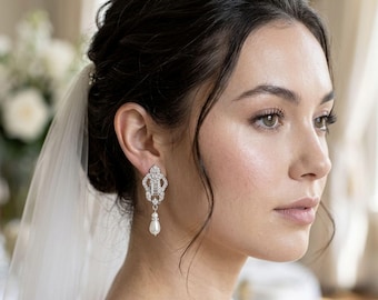 Pendientes de novia Art Déco con clip, estilo vintage de los años 20, joyería eduardiana de cristal y perlas, clips para orejas sin perforar, LYRA