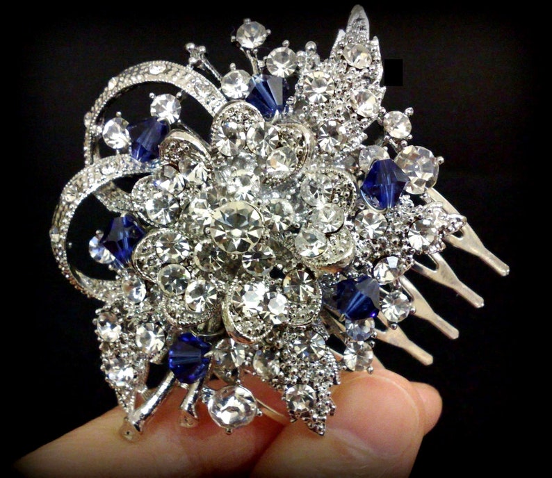 Crystal Bridal Hair Comb, Flower Wedding Headpiece, Bridal Hair Jewelry, Wedding Hair Comb, Something Blue Bridal Headpiece, BOUQUET image 3