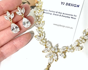 Conjunto de joyas nupciales de oro, pendientes colgantes de perlas con circonitas cúbicas, collar de enredaderas, estilo Art Nouveau, boda en oro amarillo o rosa, EVA