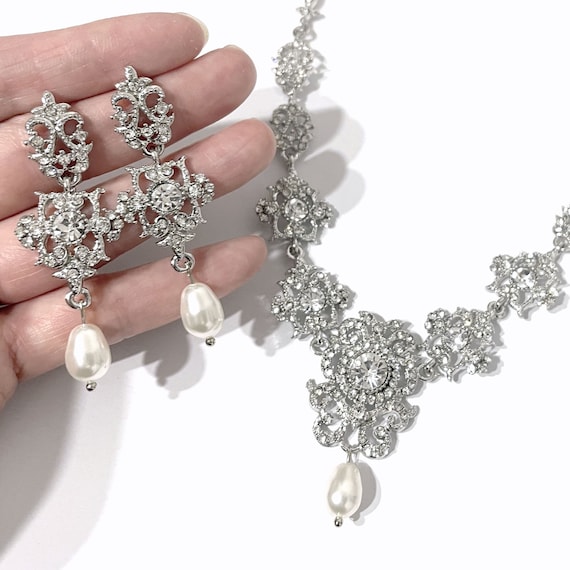 Victorian Bridal Jewelry Set, Chandelier Earrings, Statement Necklace, Crystal Pearl Drop Option, Regency Bridgerton Vintage Wedding, CLEO