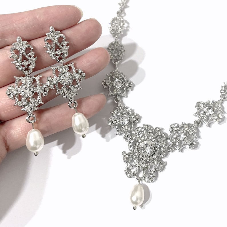 Victorian Bridal Jewelry Set, Chandelier Earrings, Statement Necklace, Crystal Pearl Drop Option, Regency Bridgerton Vintage Wedding, CLEO Pearls