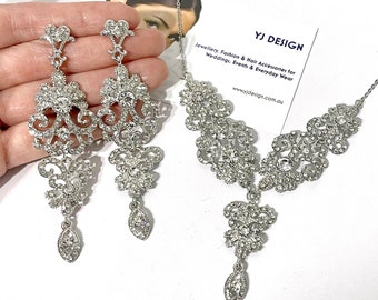 Rhinestone Bridal Jewelry Set, Victorian Filigree Dangle Chandelier Earrings, Glam Statement Necklace, OLIVIA
