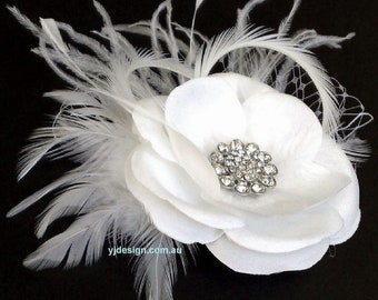 Ivory Bridal Fascinator, Rustic Wedding Headpiece, Feather Fascinator, White Flower Hair Clip, Bridal Headpiece, Wedding Hair Clip, RACHEL