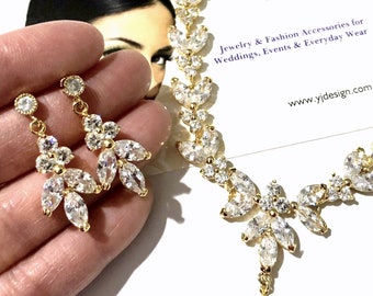 Conjunto de joyas nupciales de oro con circonitas cúbicas, pendientes de hojas y vides, collar de boda con motivos boscosos, EVA