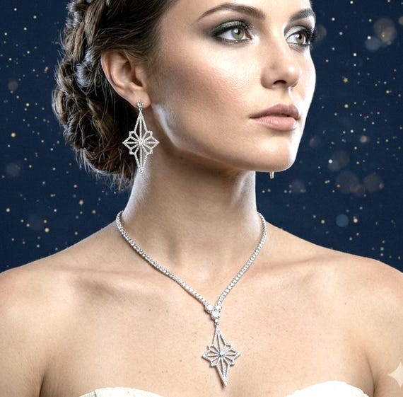 Art Deco Bridal Jewelry Set, Moon Star Earrings, Celestial Glam Statement Cz Necklace, Galaxy Wedding, LUNAR