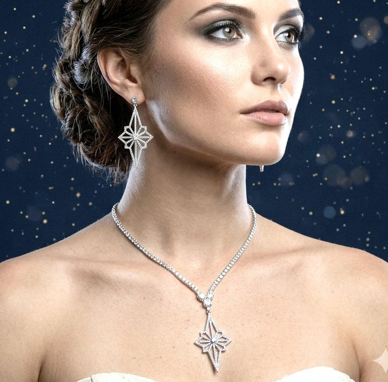 Art Deco Bridal Jewelry Set, Moon Star Earrings, Celestial Glam Statement Cz Necklace, Galaxy Wedding, LUNAR image 1