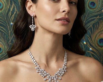 Pfau Braut Schmuck Set, Jugendstil Statement Kette, Boho Braut Ohrringe, Feder Vogel Cz Schmuck, Geschenke Vintage Stil, NOVA