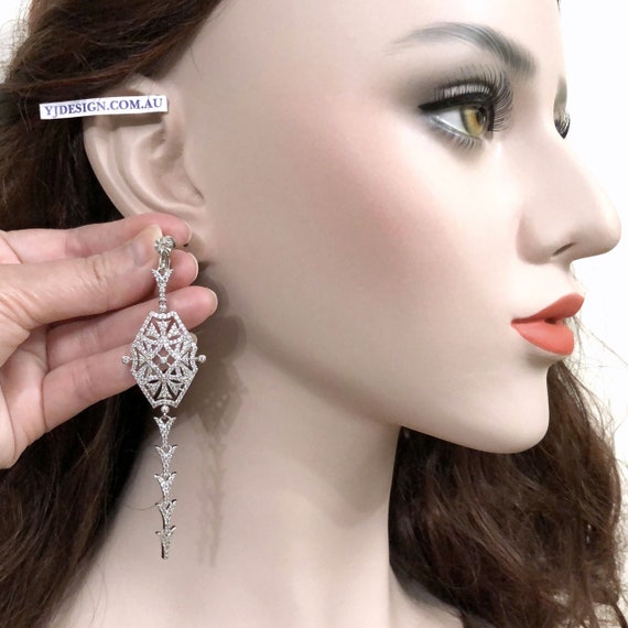 Art Deco Clip Bridal Earrings, 1920s Vintage Style Gatsby Wedding
