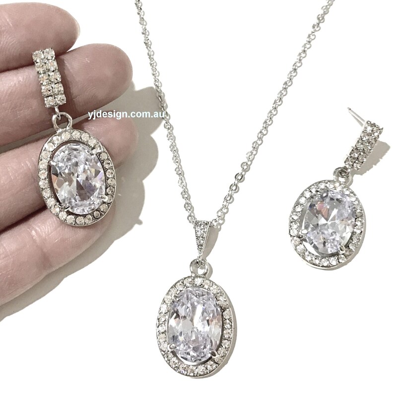 Oval Bridal Jewelry Set, Geometric Earrings with Sterling Silver Bar Posts, Cz Dangle Necklace, Classic Wedding Jewelry, OVALIA image 2