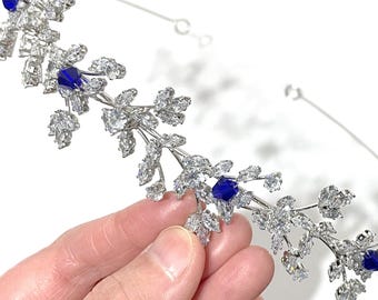 Something Blue Bridal Crown, Sapphire Blue Wedding Tiara, Crystal Cz Tiara, Vines Tiara, Floral Wedding Crown, Bridal Halo, Her Gift, GAIA