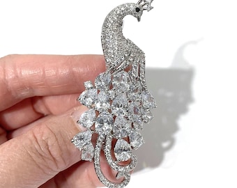 Peacock Wedding Brooch, Cubic Zirconia Bridal Jewelry, Cz Bustier Pin, Silver or Gold, PEACOCKI