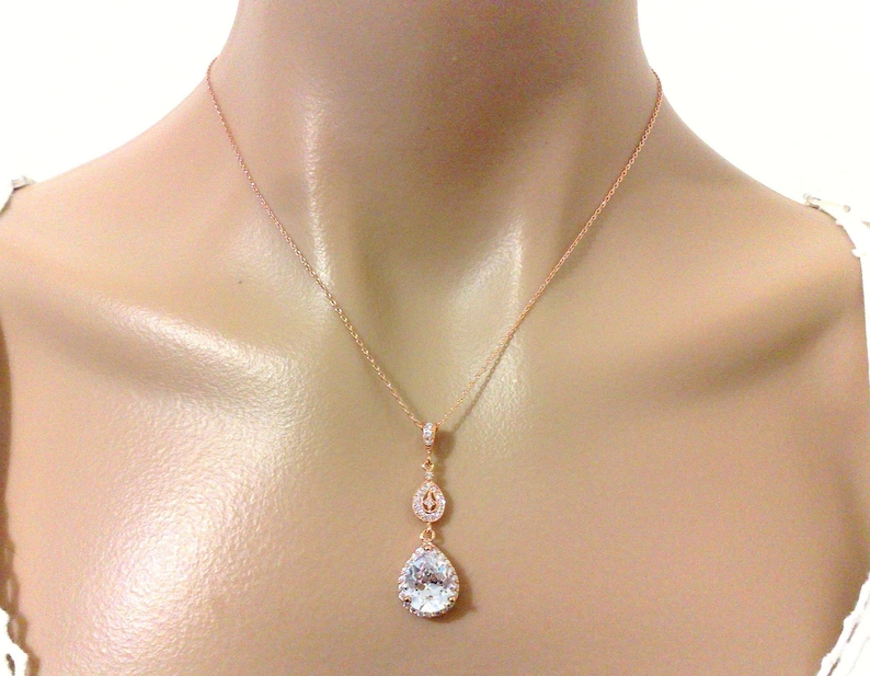 CHICA Rose Gold Bridal Jewelry Set Pear Shape Cubic Zirconia Dangle Jewelry Teardrop Earrings and Necklace