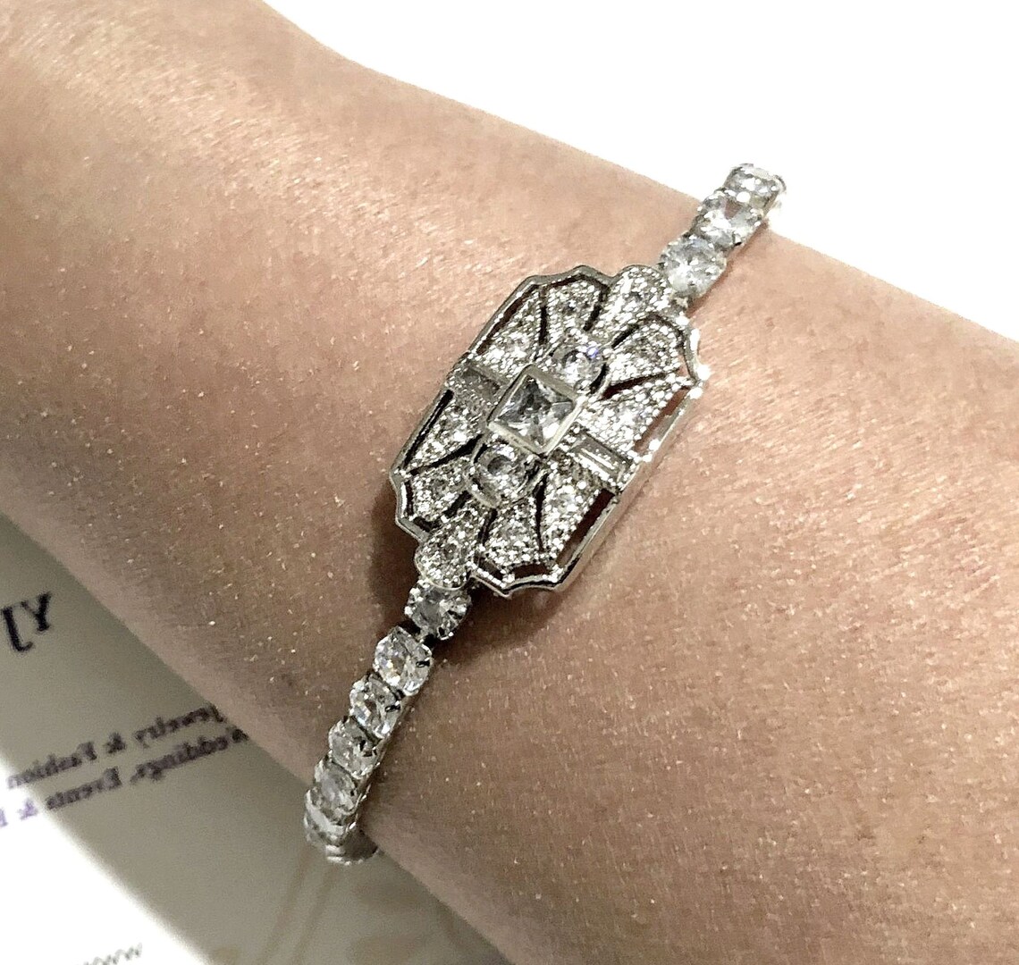 Bracelet Art Déco Argenté Avec Strass Bleu - Style Vintage Great Gatsby, Pour Mariage Ou Soirée, Neuf Sans Emballage