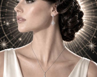 Art Deco Bridal Jewelry Set, Starburst Cz Earrings, GALAXY Star Necklace Pendant, Celestial Wedding
