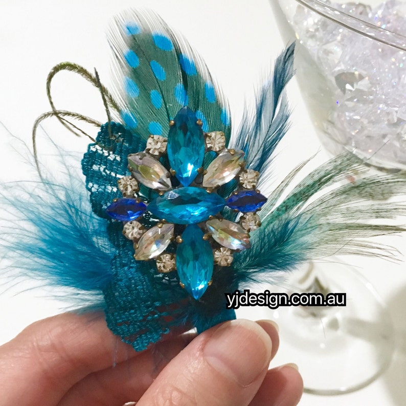 Boho Bridal Fascinator Something Blue Feather Bridal Hair Clip Crystal Pendant Bohemian Brooch Upcycled Vintage Accessory FEATHERTINI