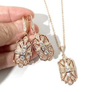 Conjunto de joyas nupciales estilo Regencia, pendientes Art Déco, collar de boda real Gatsby, regalos de oro rosa o plata estilo años 20 con circonitas cúbicas, ELITE Rose gold ear n neck