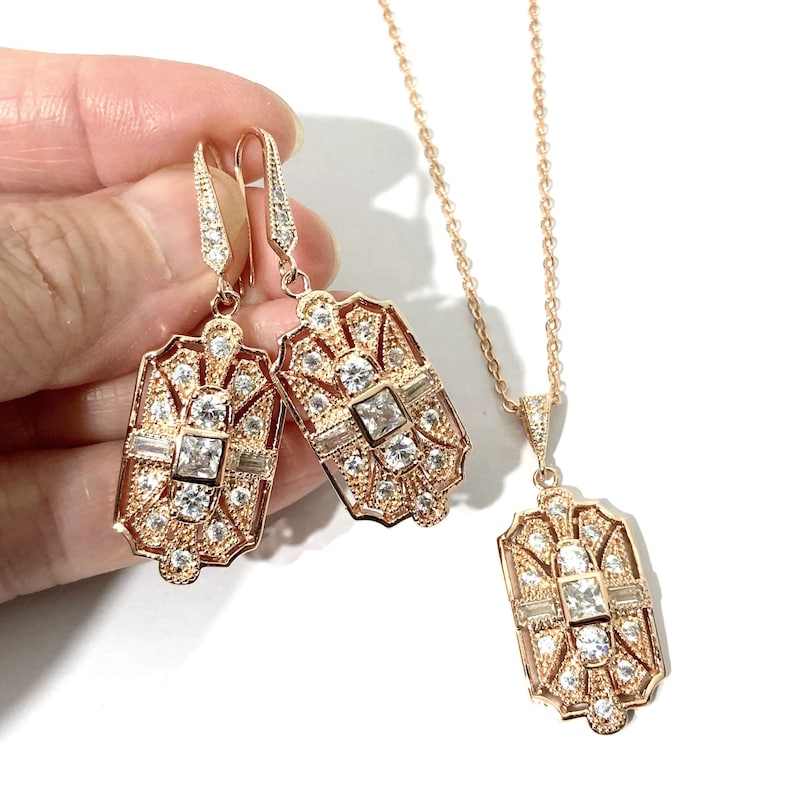 Conjunto de joyas nupciales estilo Regencia, pendientes Art Déco, collar de boda real Gatsby, regalos de oro rosa o plata estilo años 20 con circonitas cúbicas, ELITE Rose gold ear n neck