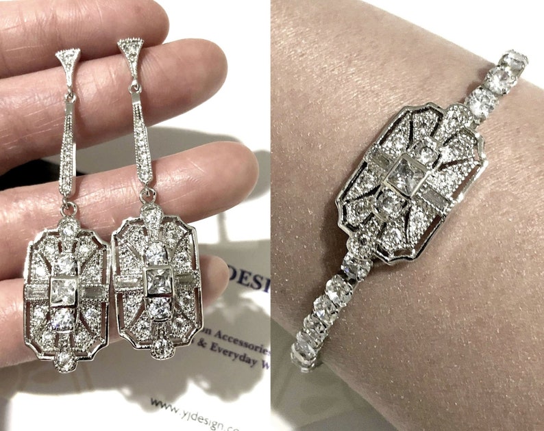 Art Deco Bridal Jewelry Set Gatsby Wedding Bracelet Etsy