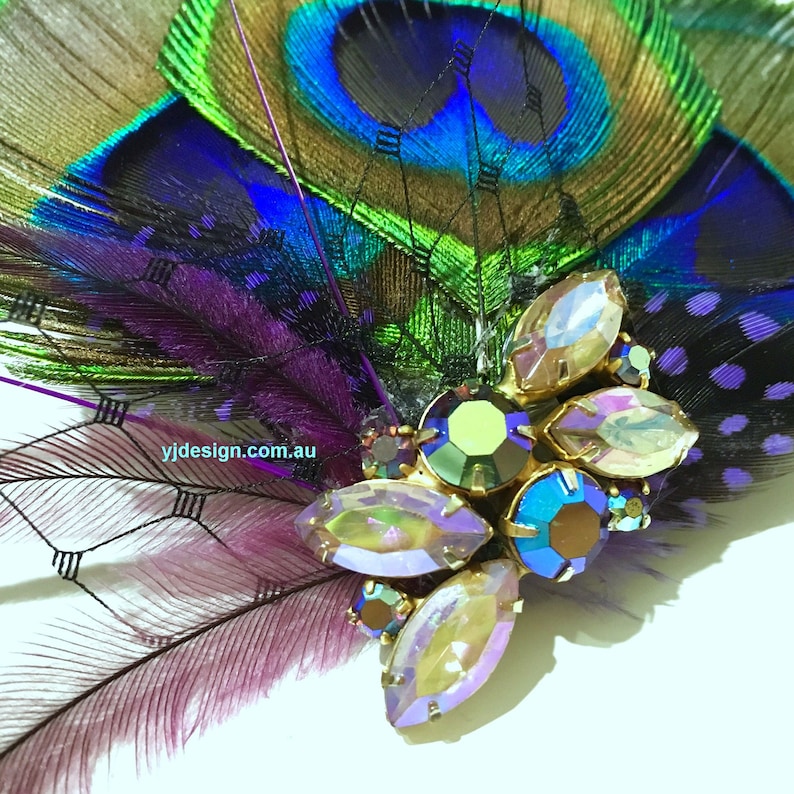 Something Blue Bridal Hair Clip Upcycled Vintage Hair Jewelry Purple Wedding Fascinator Boho Feather Hair Clip Peacock Bridal Headpiece
