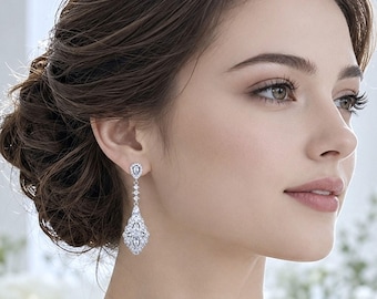 Art Deco Bridal Earrings, Edwardian Vintage Style 1920s Gatsby Wedding Jewelry, Pave Cz Dangles, ARIELLA
