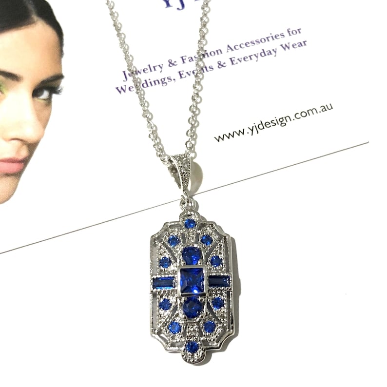 Something Blue Bridal Jewelry, Gatsby Wedding Art Deco Earrings, 1920s Vintage Style Necklace Pendant, Cz Geometric Jewelry, ELITE image 6