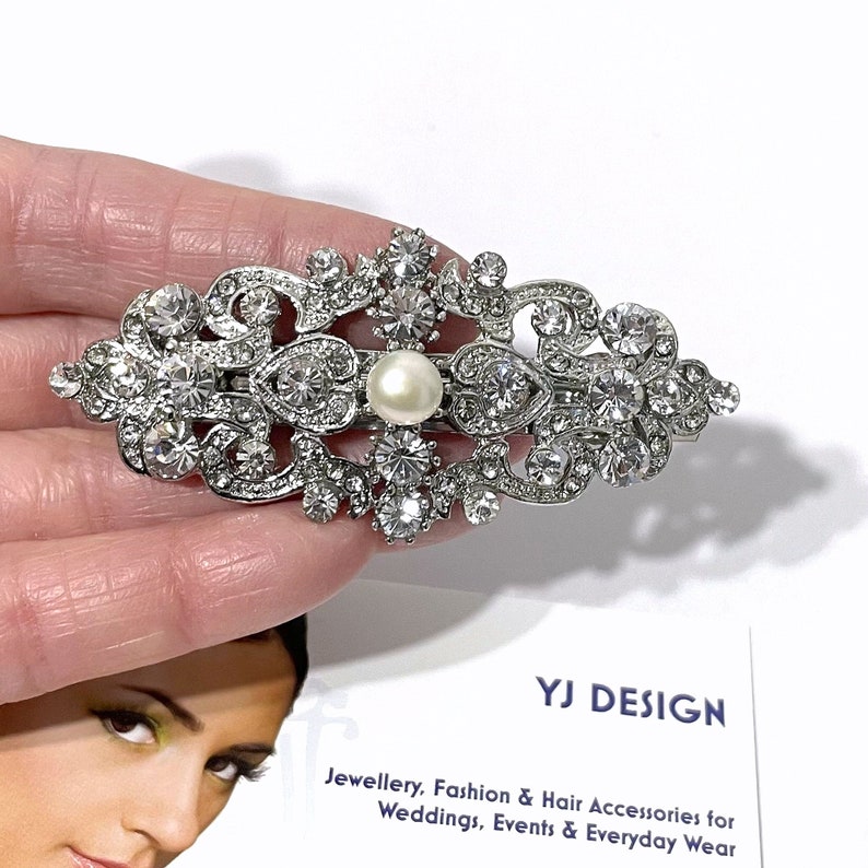 Victorian Wedding Hair Clip, Crystal Bridal Hairclip, Rhinestone Barrette, Bridal Hair Jewelry, Ivory White Pearl Bridal Headpiece, JAREDIA Silver with pearl