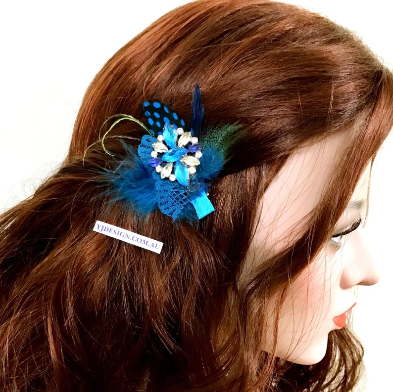 Boho Bridal Fascinator Something Blue Feather Bridal Hair Clip Crystal Pendant Bohemian Brooch Upcycled Vintage Accessory FEATHERTINI
