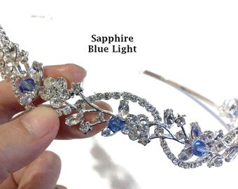 Something Blue Sapphire Cz Bridal Tiara, Floral Vines Leaves Hair Crown, Grecian Wedding Headpiece, Silver Flower Headband, ADORNA